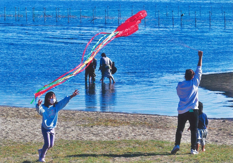 浜辺で凧上げ