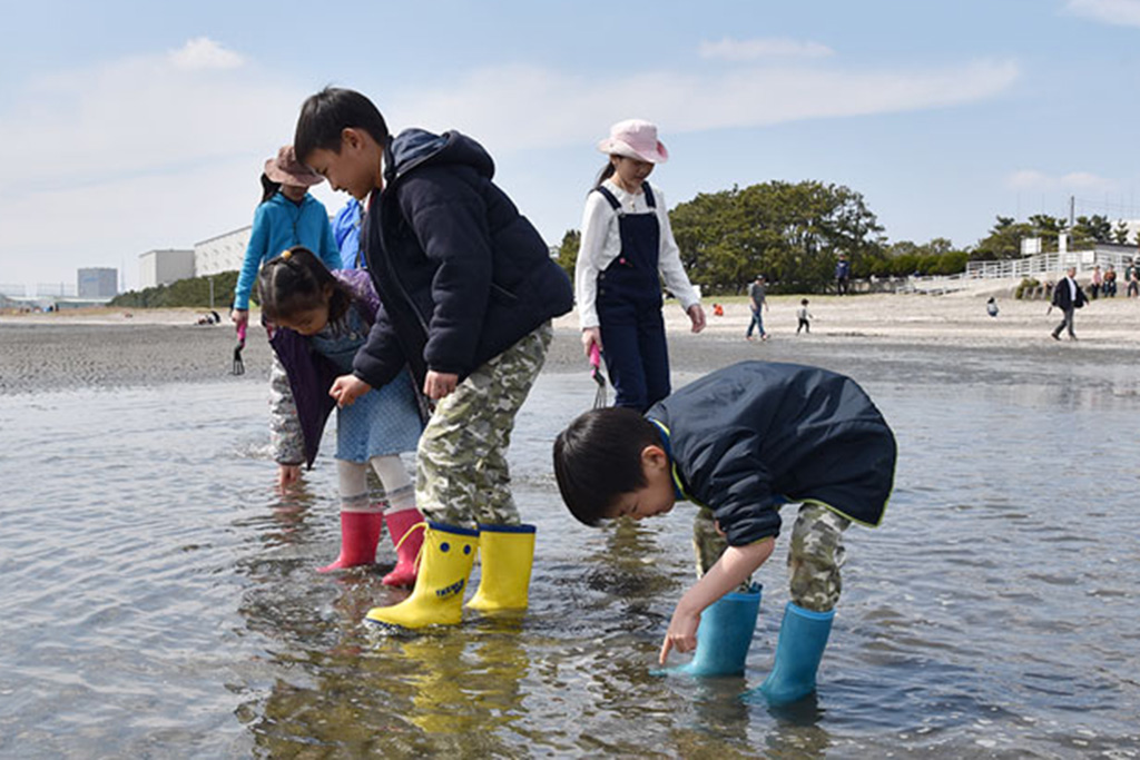 干潟で遊ぶ子供たちの写真